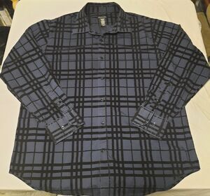VTG Y2K Structure Men’s XL Button Up Shirt Blue Plaid Flocked Stripes Velvet